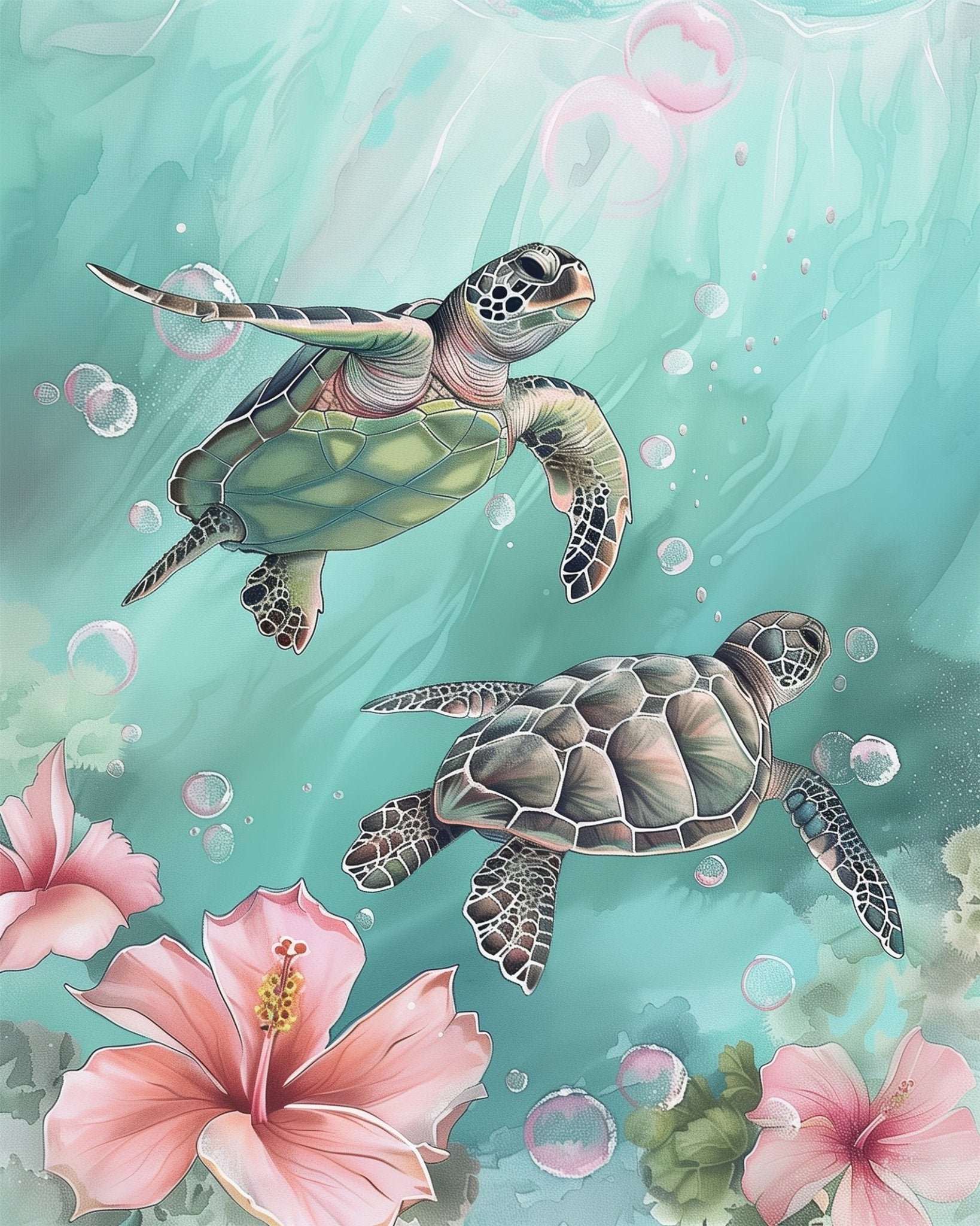 Fixed kit, 24 colors, 16x20in. Stunning turtles swim in a vibrant ocean setting. Enjoy a mindful painting experience.