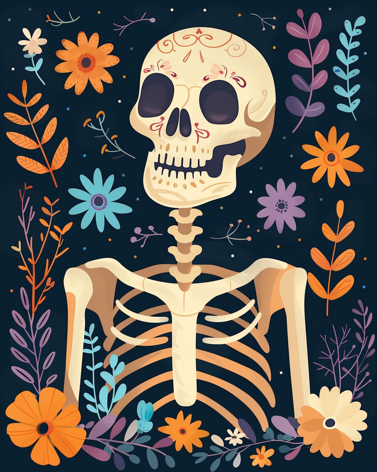 Fixed kit, 24 colors, 16x20in. Skeleton surrounded by colorful flora. Perfect for mindfulness and stress relief.