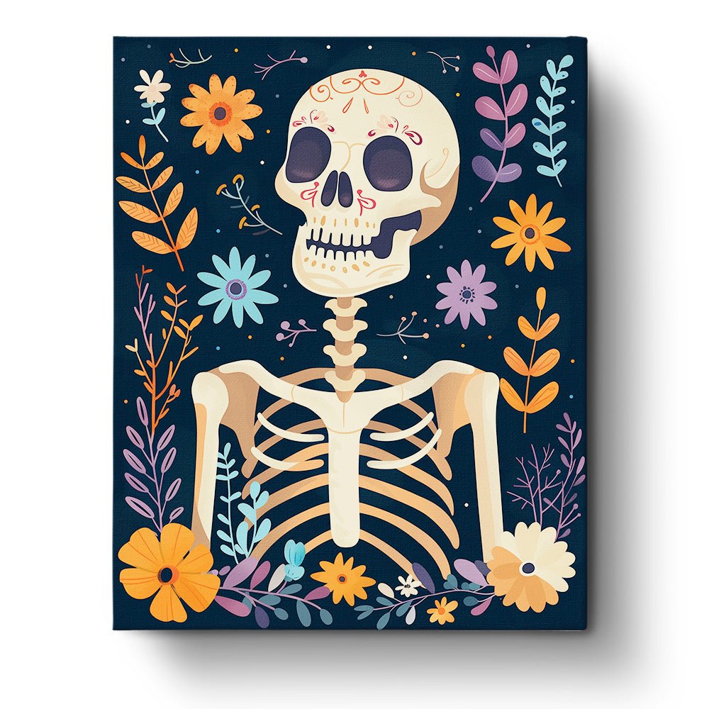 Fixed paint by numbers kit, 24 colors, skeleton with flowers. Relaxing and creative art project.