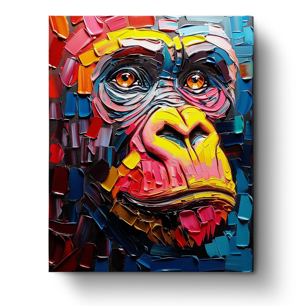 Fixed paint by numbers kit, 24 colors. Vibrant ape portrait, bold strokes. Enhance mindfulness and relax.