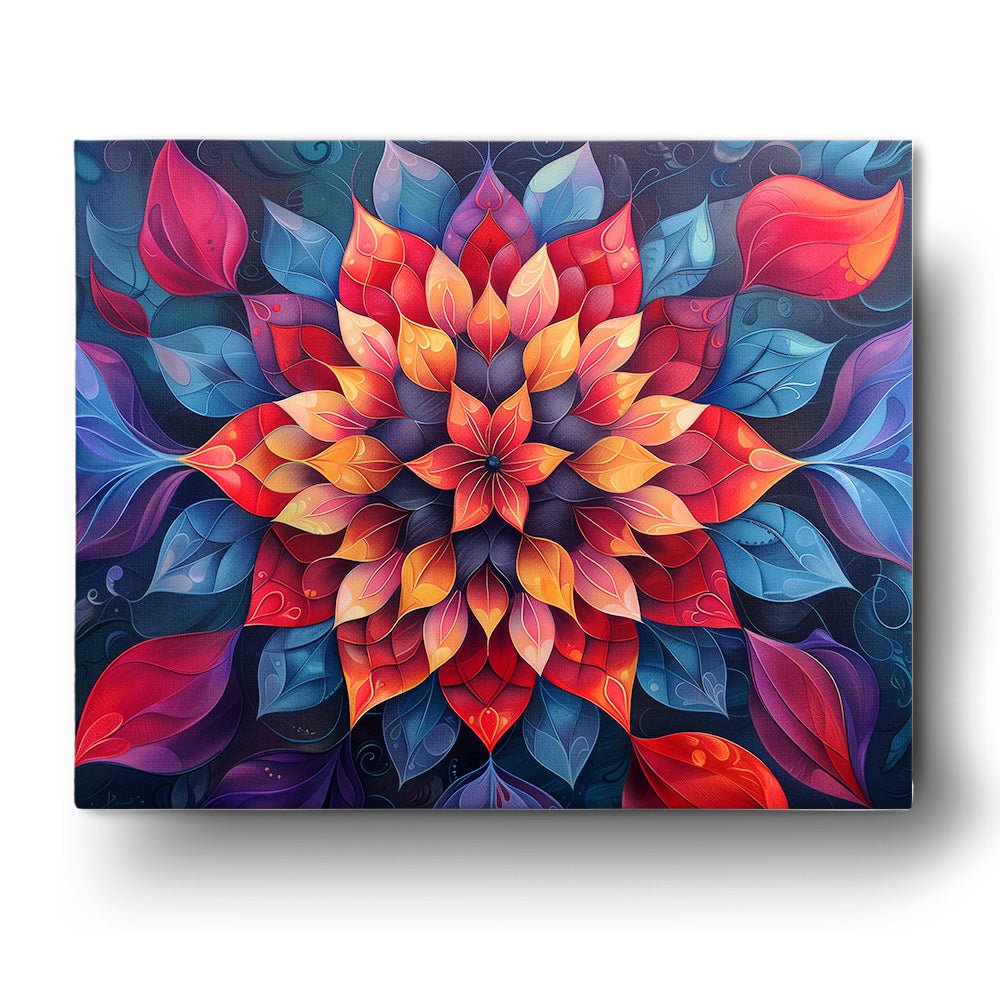 Custom kit, 24-48 colors, 16x20in. Vibrant flower in bold colors. Ideal for stress relief and creative expression.
