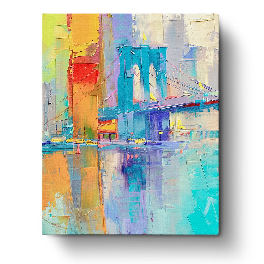Fixed kit, 24 colors, 16x20in. Captivating Brooklyn Bridge with vibrant hues. Experience artistic relaxation.