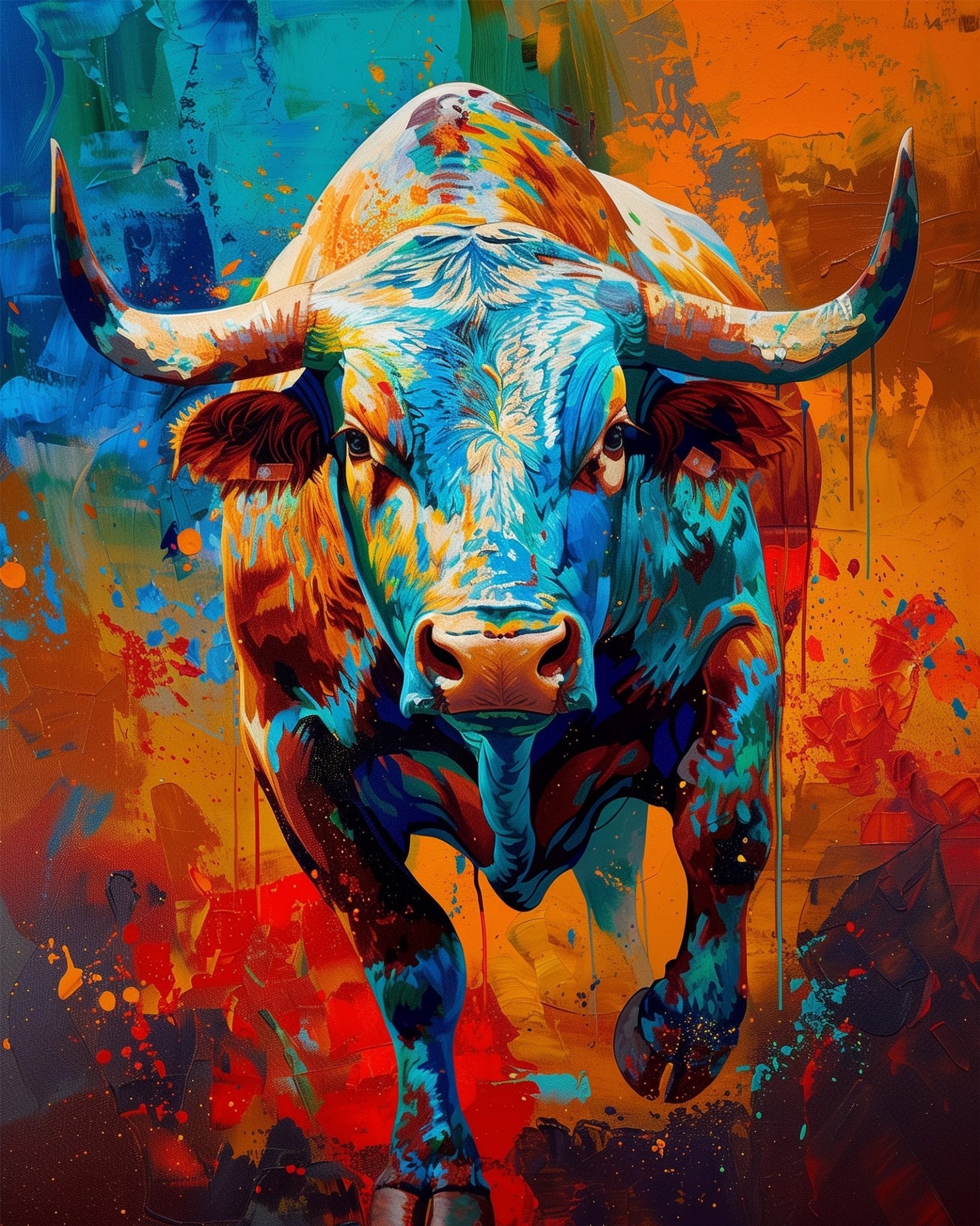 Fixed kit, 24 colors, 12x16in. Dynamic bull design with vivid strokes. Ideal for creative relaxation and focus.