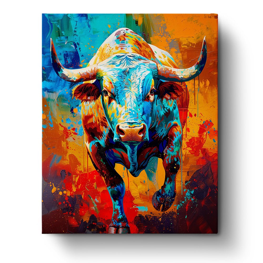 Fixed paint-by-number kit, 24 colors, 16x20in. Bold bull artwork in vibrant hues. Perfect for mindfulness painting.