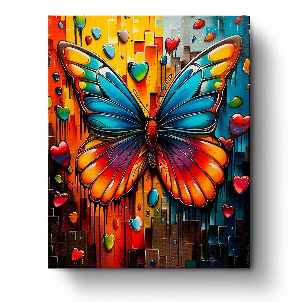 Fixed paint by numbers kit, 24 colors, 16x20in. Colorful butterfly with hearts. Stress-relieving creativity.