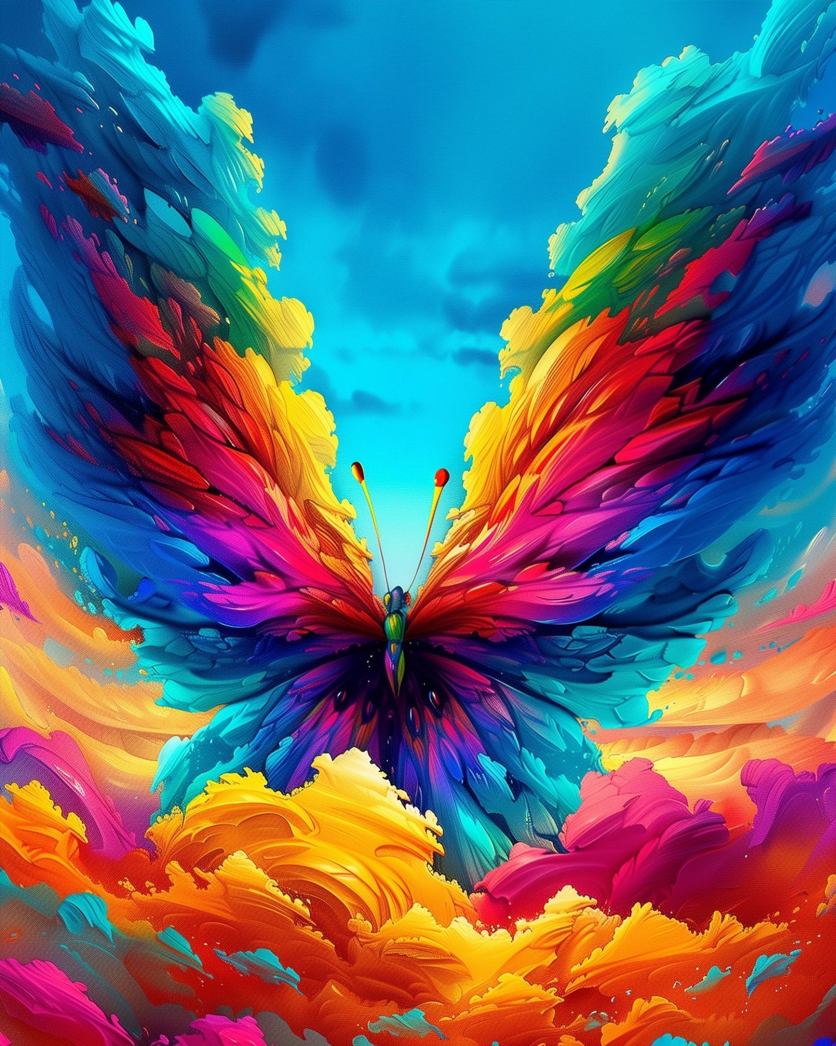 Fixed kit, 24 colors, 16x20in. Vibrant butterfly with bold hues. Ideal for relaxation and stress relief.