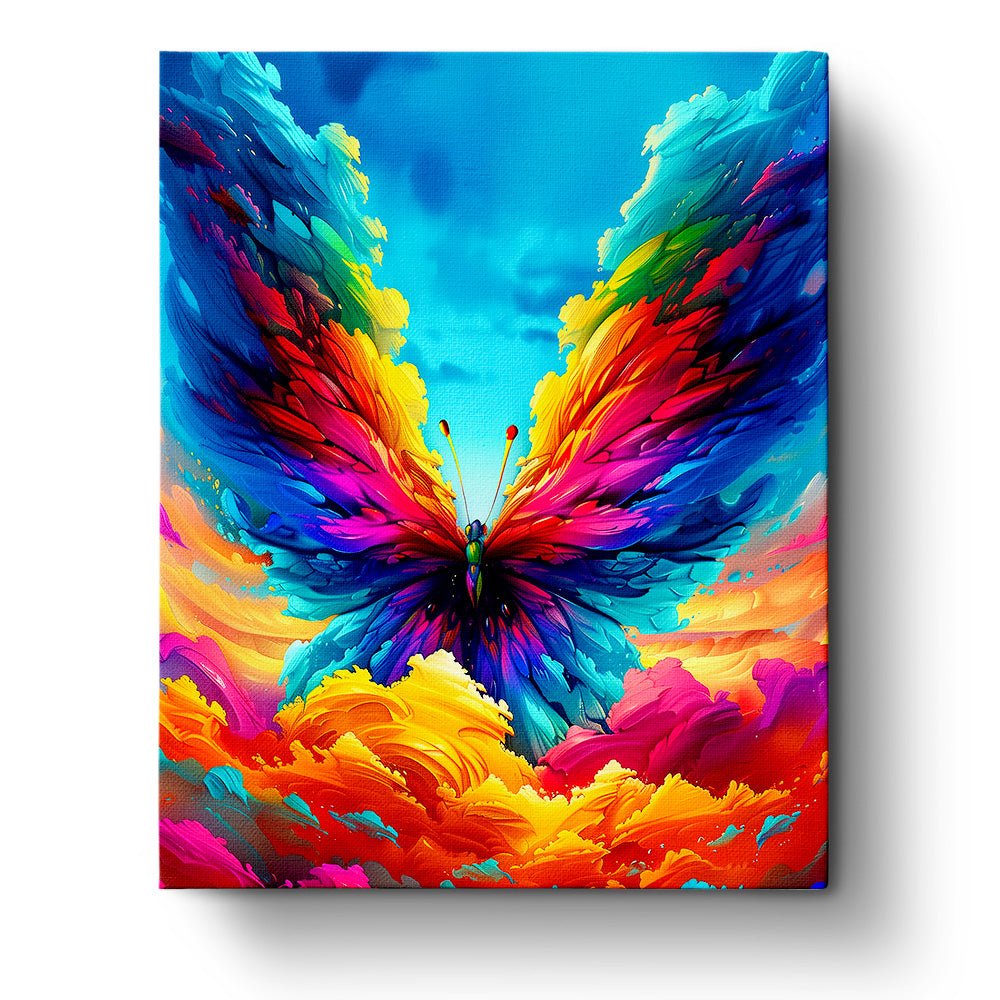 Fixed paint by number kit, 24 colors, 16x20in. Colorful butterfly in clouds. Enjoy a peaceful painting journey.