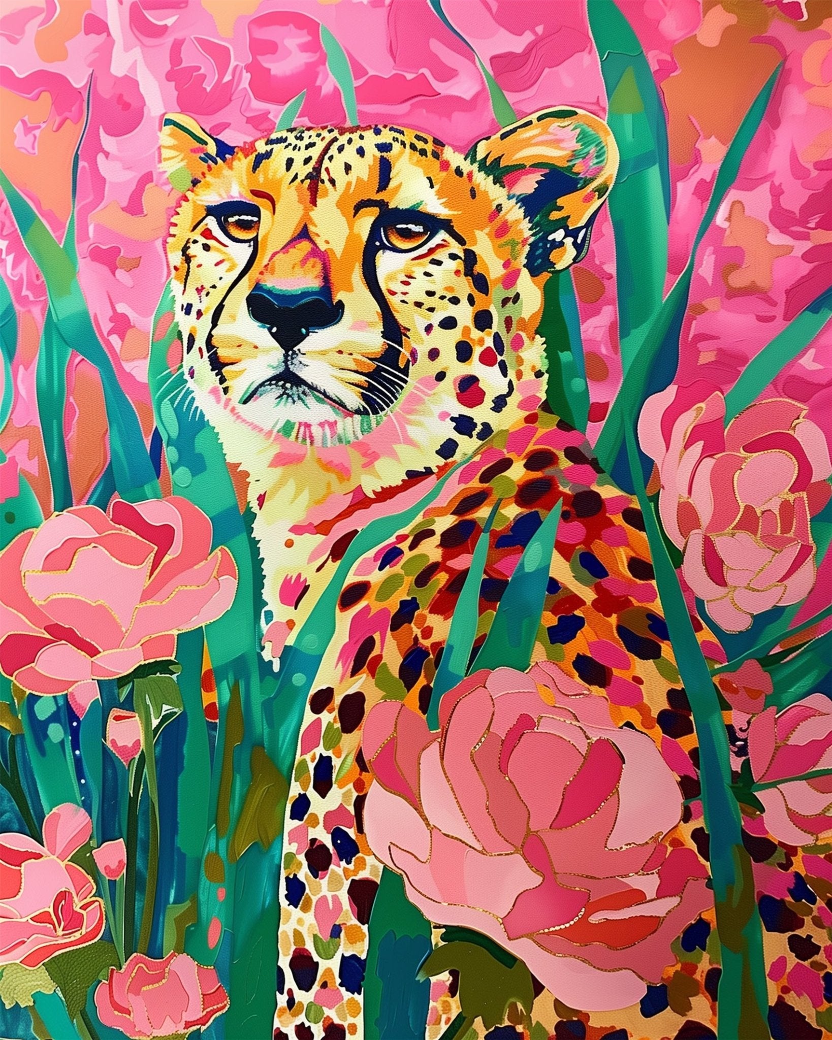 Fixed kit, 24 colors, 16x20in. Abstract cheetah among pink roses. Ideal for stress relief and mindfulness.