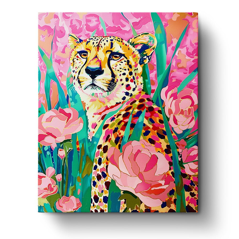 Fixed paint by numbers kit, 24 colors, 16x20in. Cheetah with roses in vibrant colors. A relaxing creative journey.