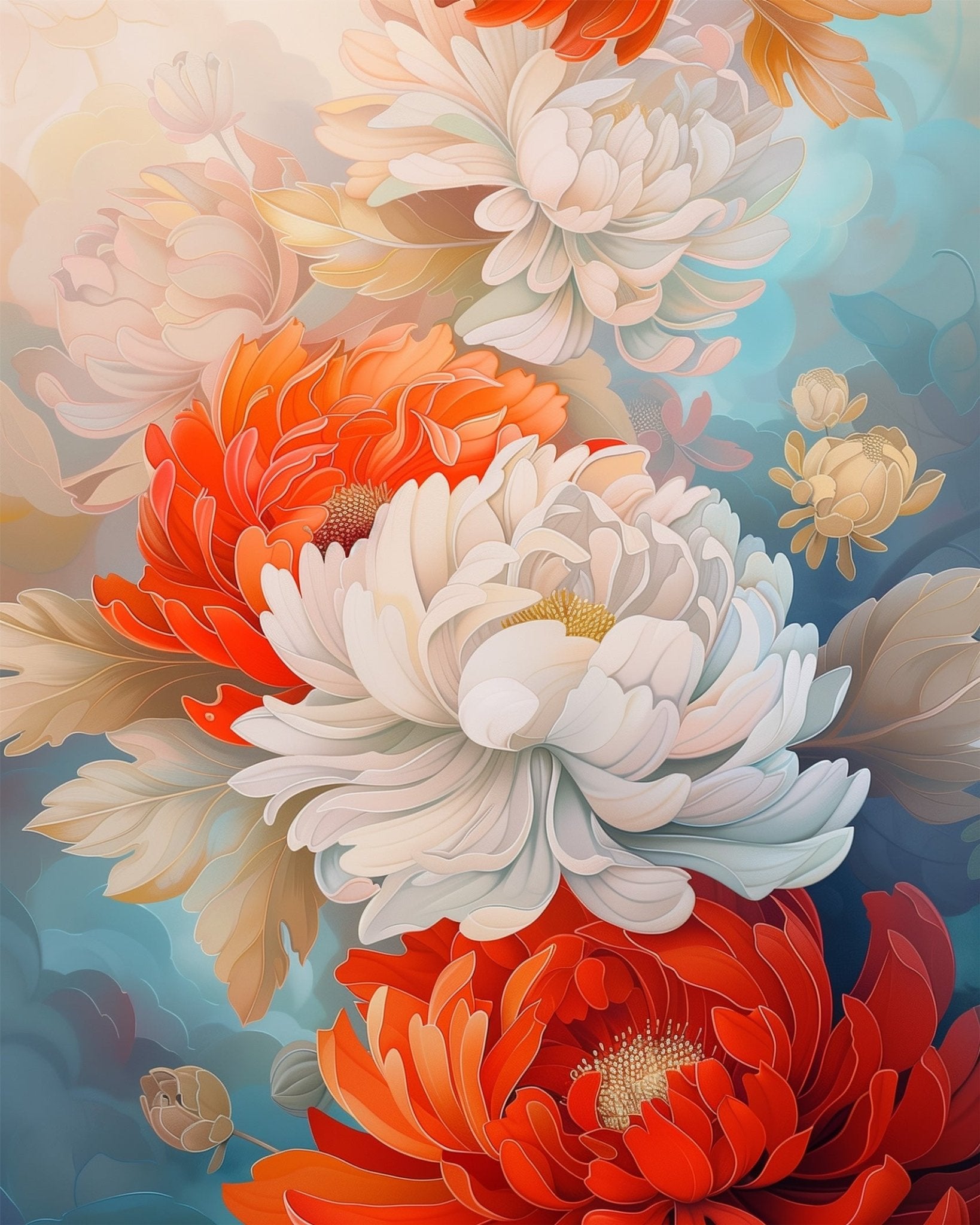 Fixed kit, 24 colors, 12x16in. Intricate chrysanthemum patterns. Enjoy mindful painting with BestPaintByNumbers.