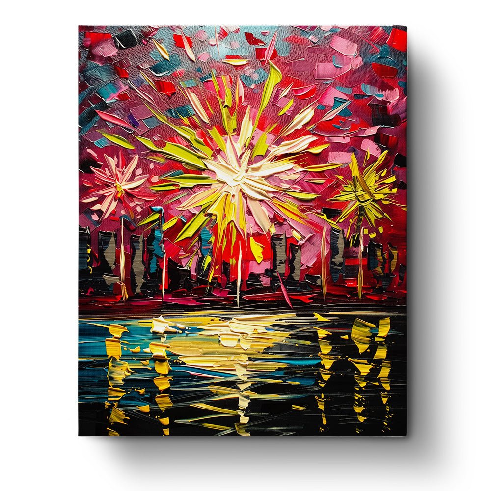 Fixed kit, 24 colors, 16x20in. City fireworks in vibrant hues. Enjoy a calming painting experience with BestPaintByNumbers.