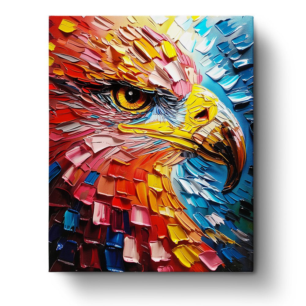 Fixed paint-by-number kit, 24 colors, 16x20in. Eagle bursting with vibrant colors. Ideal for relaxation and artistry.
