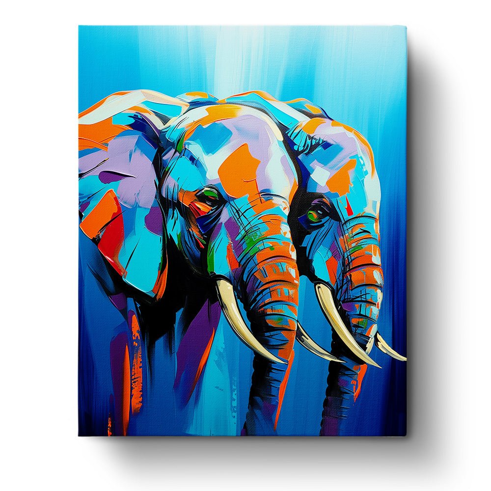 Fixed kit, 24 colors, 16x20in. Bold colorful elephants in abstract style. Perfect for relaxation and creativity.