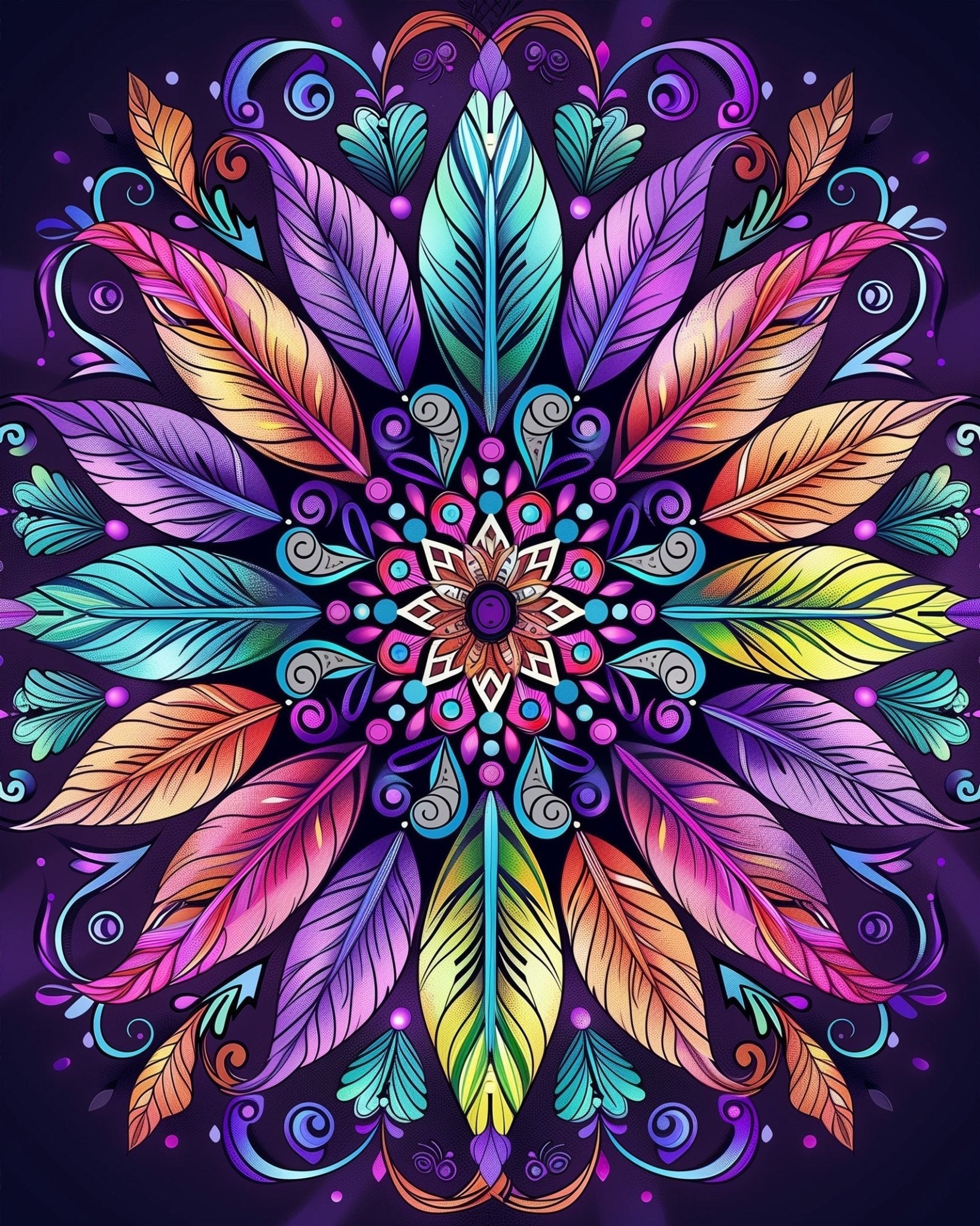 Vibrant Feathers - Mandalas - BestPaintByNumbers - Paint by Numbers Custom Kit