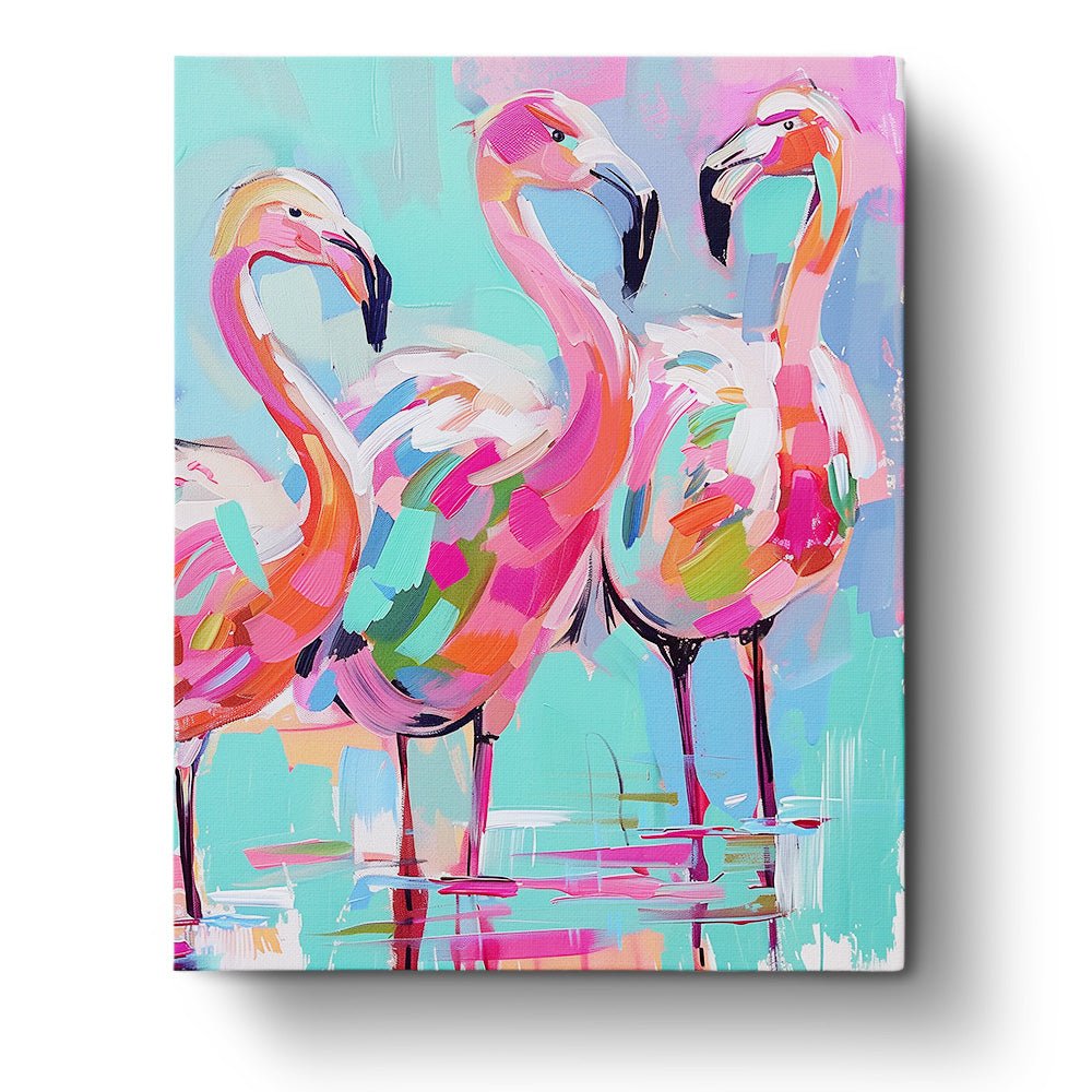 Fixed paint-by-number kit, 24 colors, 16x20in. Bold flamingos with vibrant colors, perfect for stress relief.