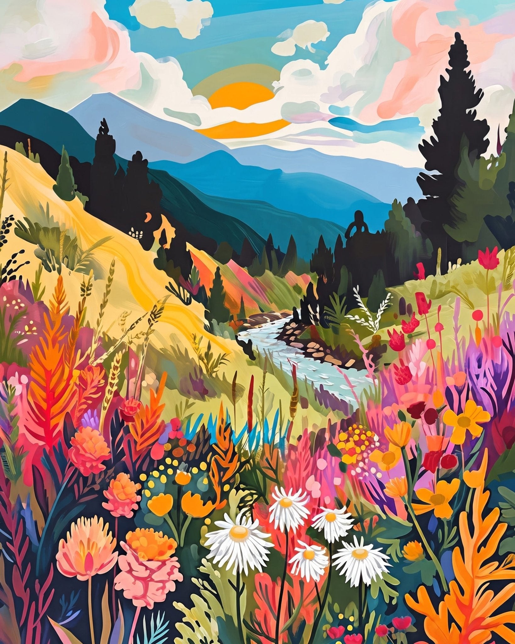 Vibrant Floral Valley - Landscape - BestPaintByNumbers - Paint by Numbers Custom Kit