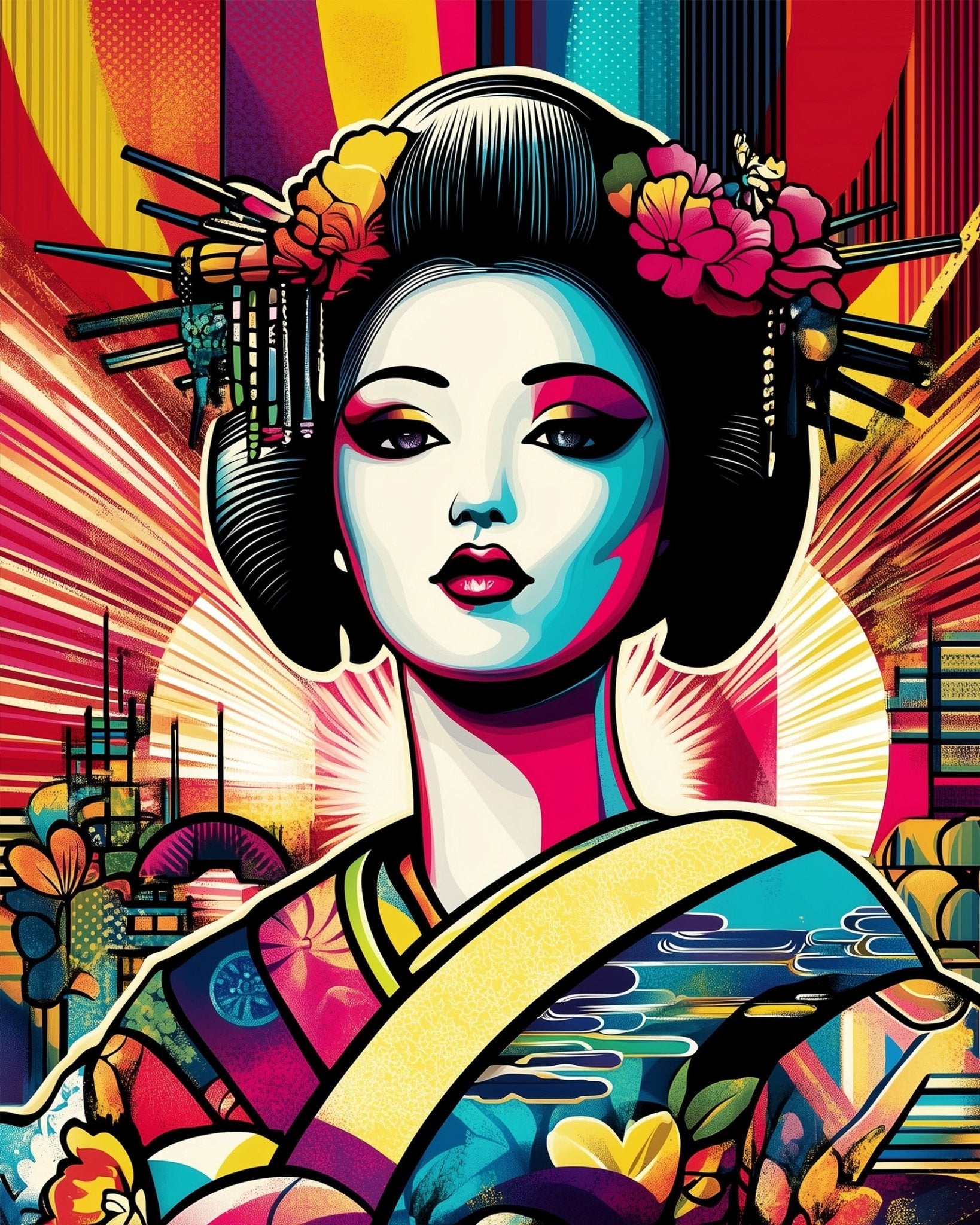 Vibrant Geisha Portrait - Pop Art - BestPaintByNumbers - Paint by Numbers Custom Kit