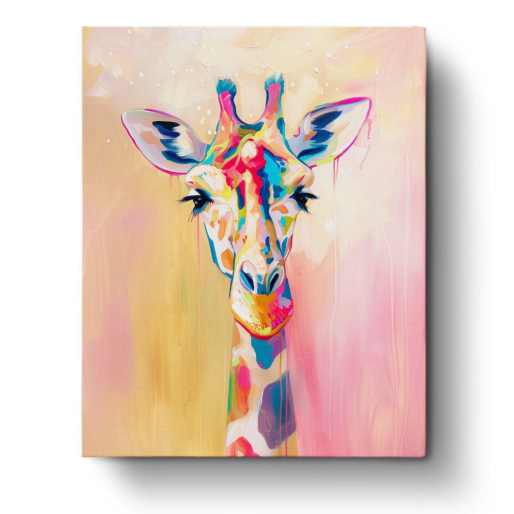 Fixed kit, 24 colors, 16x20in. Colorful giraffe portrait with bold patterns. Ideal for relaxation and mindfulness.