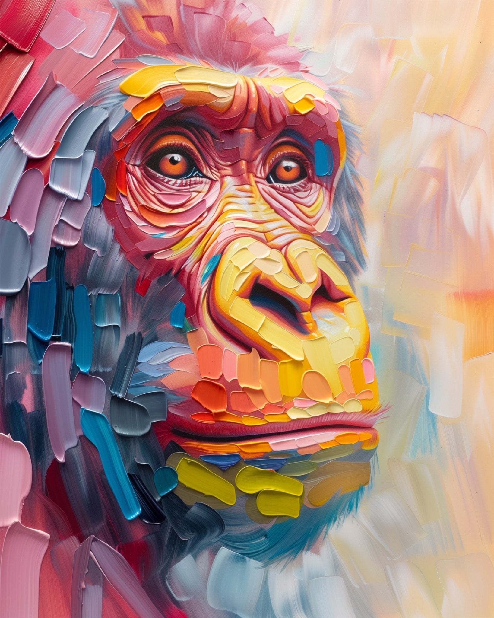 Fixed kit, 24 colors, 12x16in. Abstract gorilla with vibrant patterns. Meditative painting experience for peace of mind.