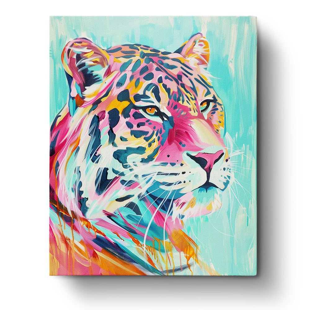 Fixed kit, 24 colors, 16x20in. Vibrant leopard with bold strokes. A calming art activity by BestPaintByNumbers.