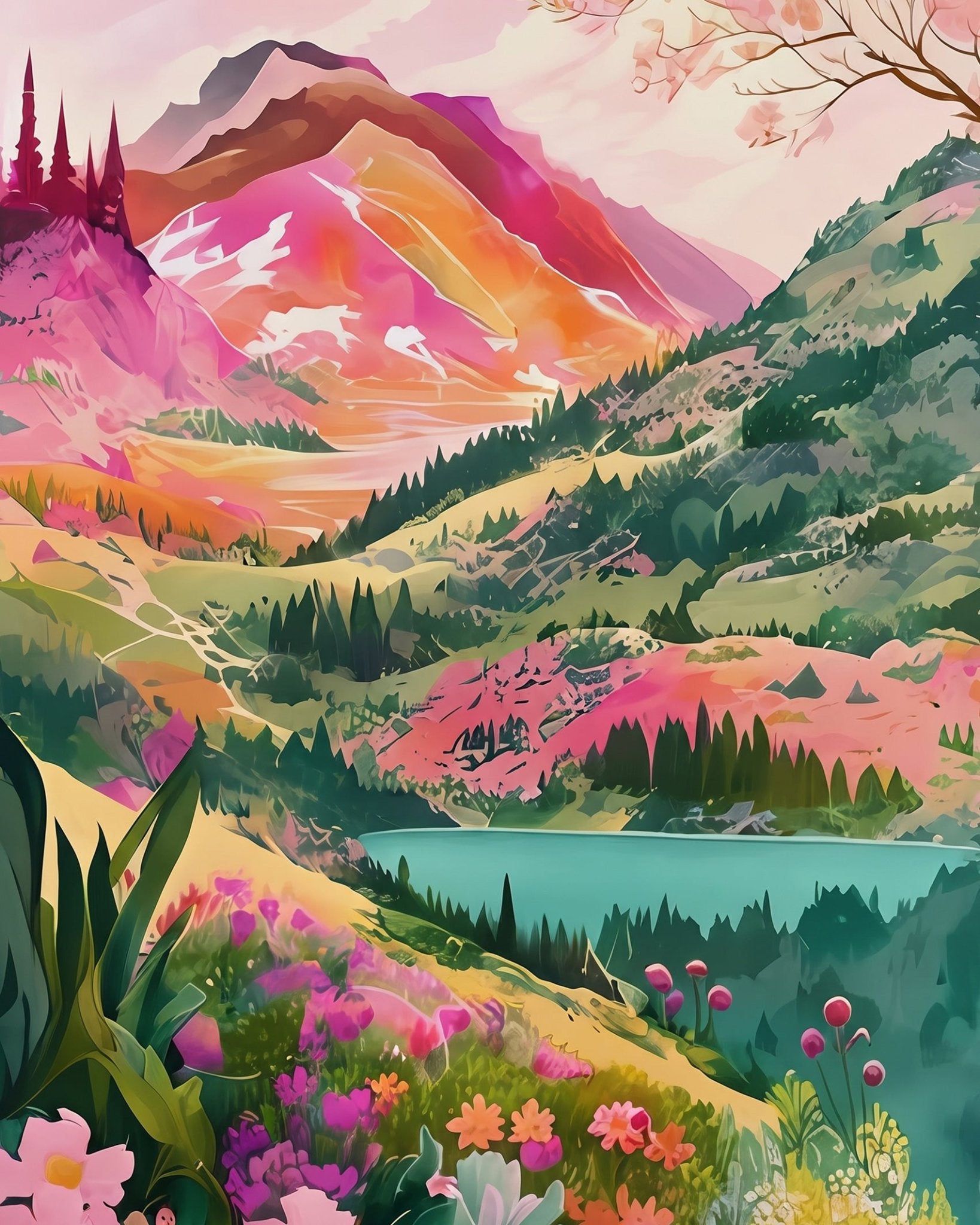 Vibrant Mountain Meadow - Landscape - BestPaintByNumbers - Paint by Numbers Custom Kit