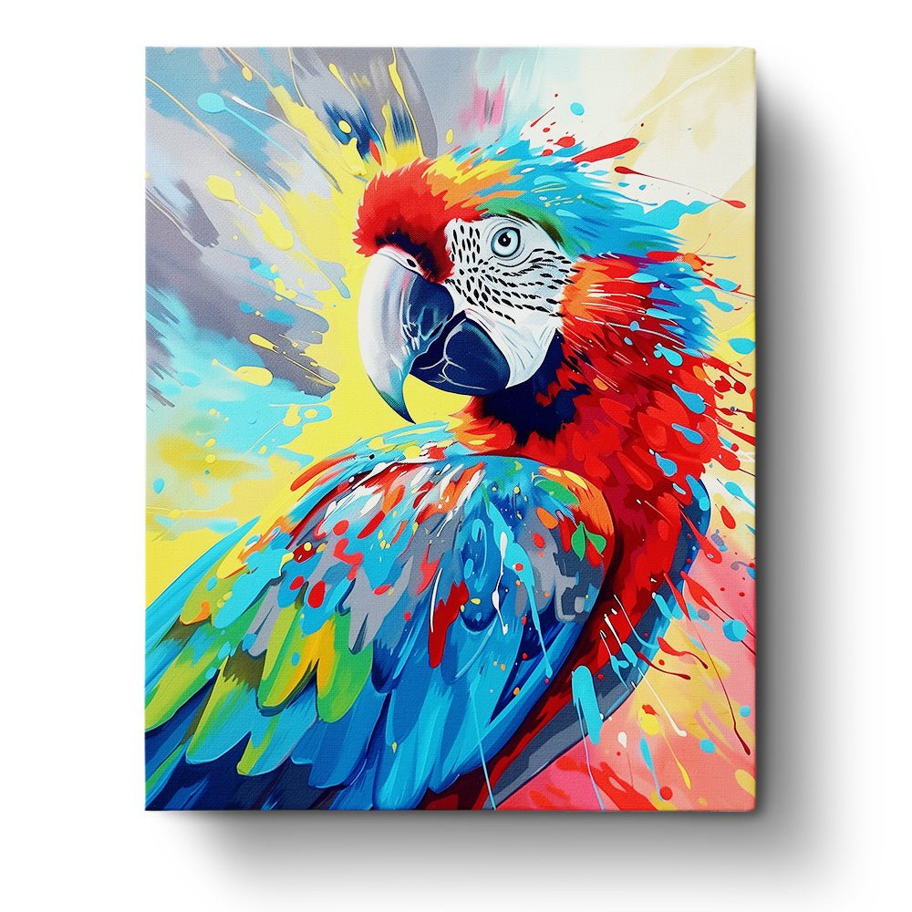 Fixed paint by numbers kit, 24 colors, 16x20in. Bright parrot splash art to inspire creativity and relaxation.