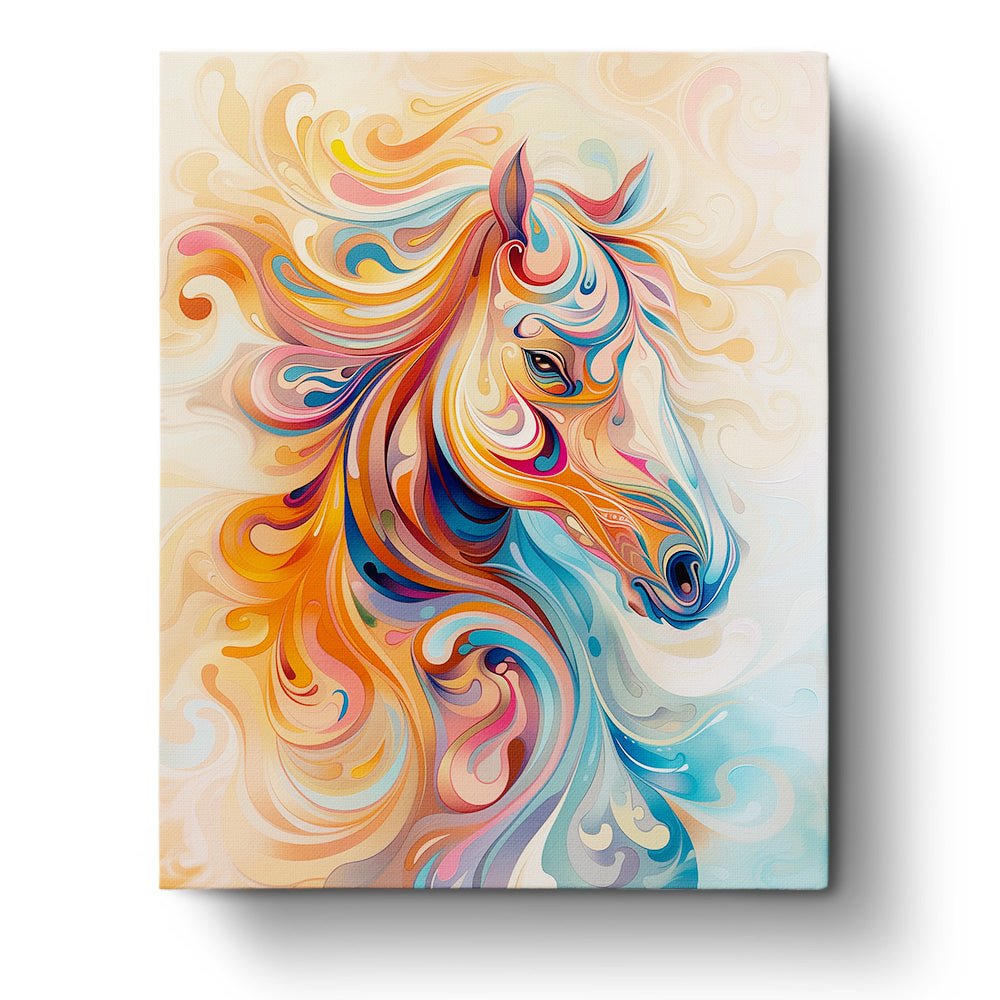 Fixed paint by numbers kit, 24 colors, 16x20in. Abstract stallion with vibrant swirls. Stress relief through art.