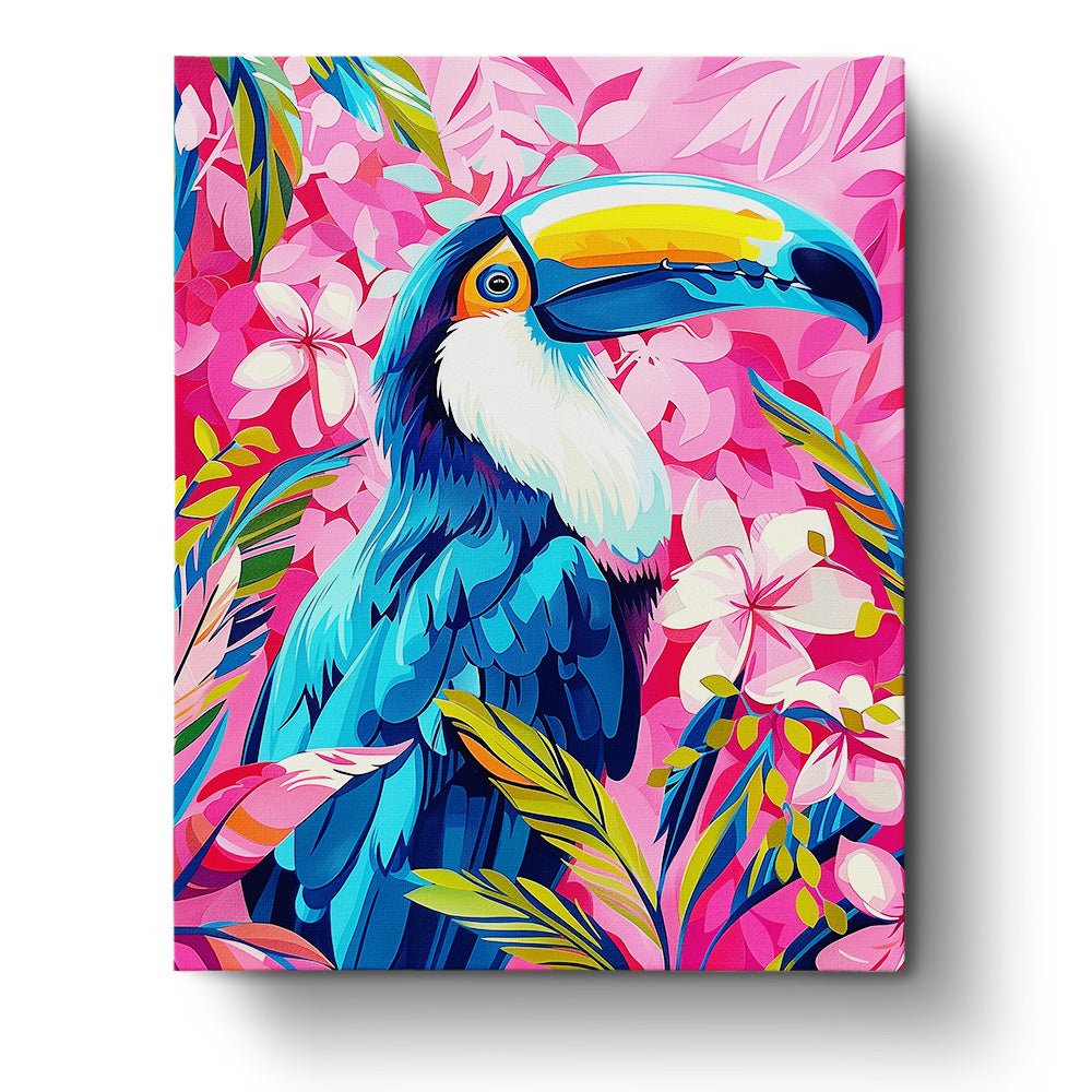 Fixed kit, 24 colors, 16x20in. Abstract toucan with vibrant foliage. Enhances relaxation and mindfulness.