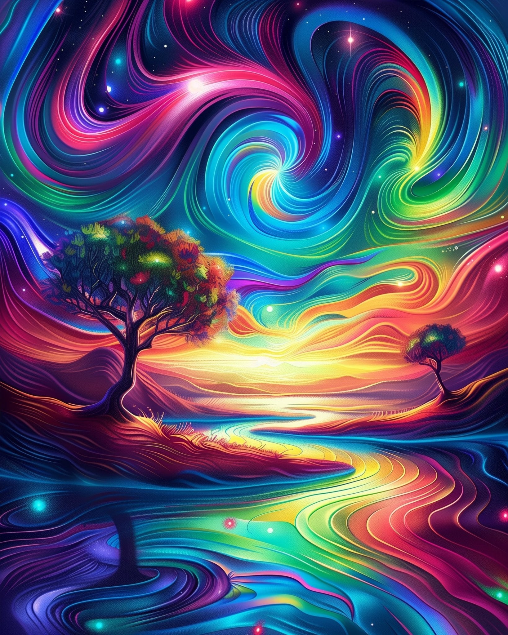 Relax with this fixed kit, 24 colors. Colorful dreamy scene with flowing patterns. Ideal for stress relief. BestPaintByNumbers.