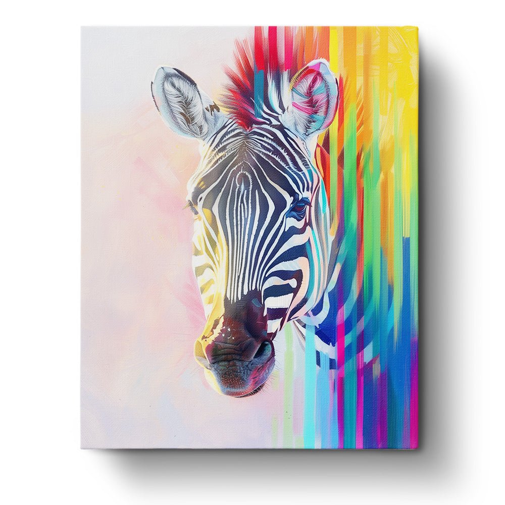 Fixed paint by numbers kit, 24 colors, 16x20in. Bold zebra with vibrant abstract hues. Great for calming artistry.