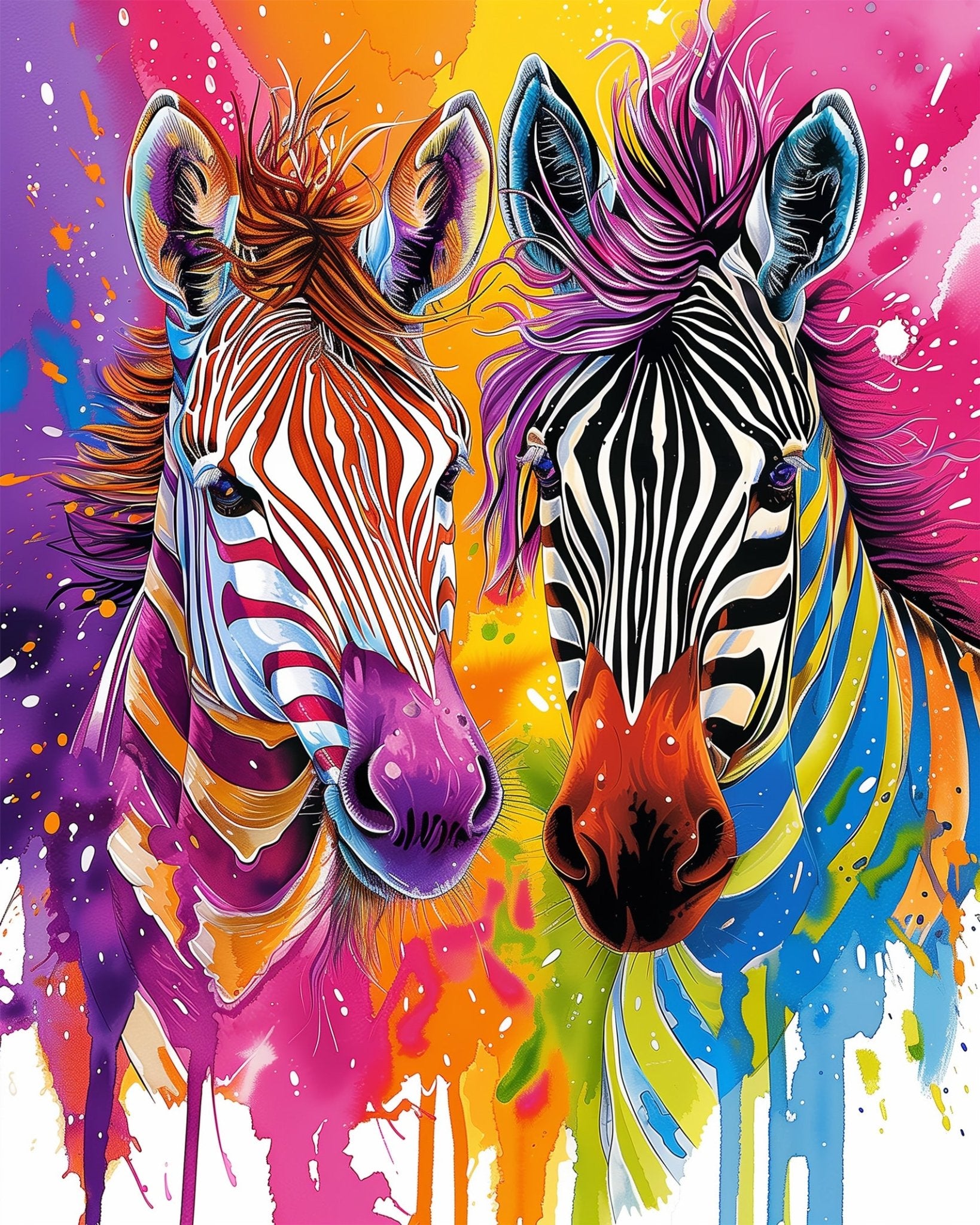 Fixed kit, 24 colors, 12x16in. Vibrant zebra pair with bold patterns for art lovers and relaxation seekers.