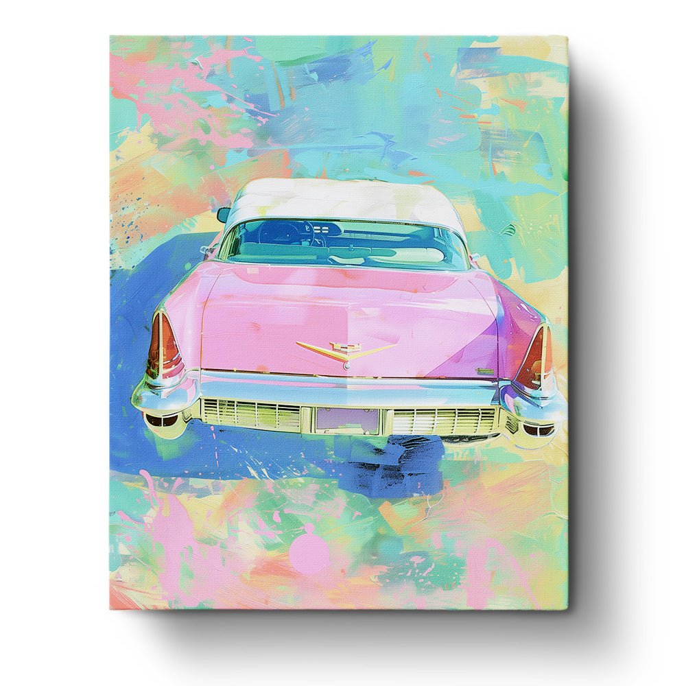 Fixed paint by numbers kit, 24 colors. Retro pink Cadillac art on a vibrant abstract background. Mindful art for relaxation.