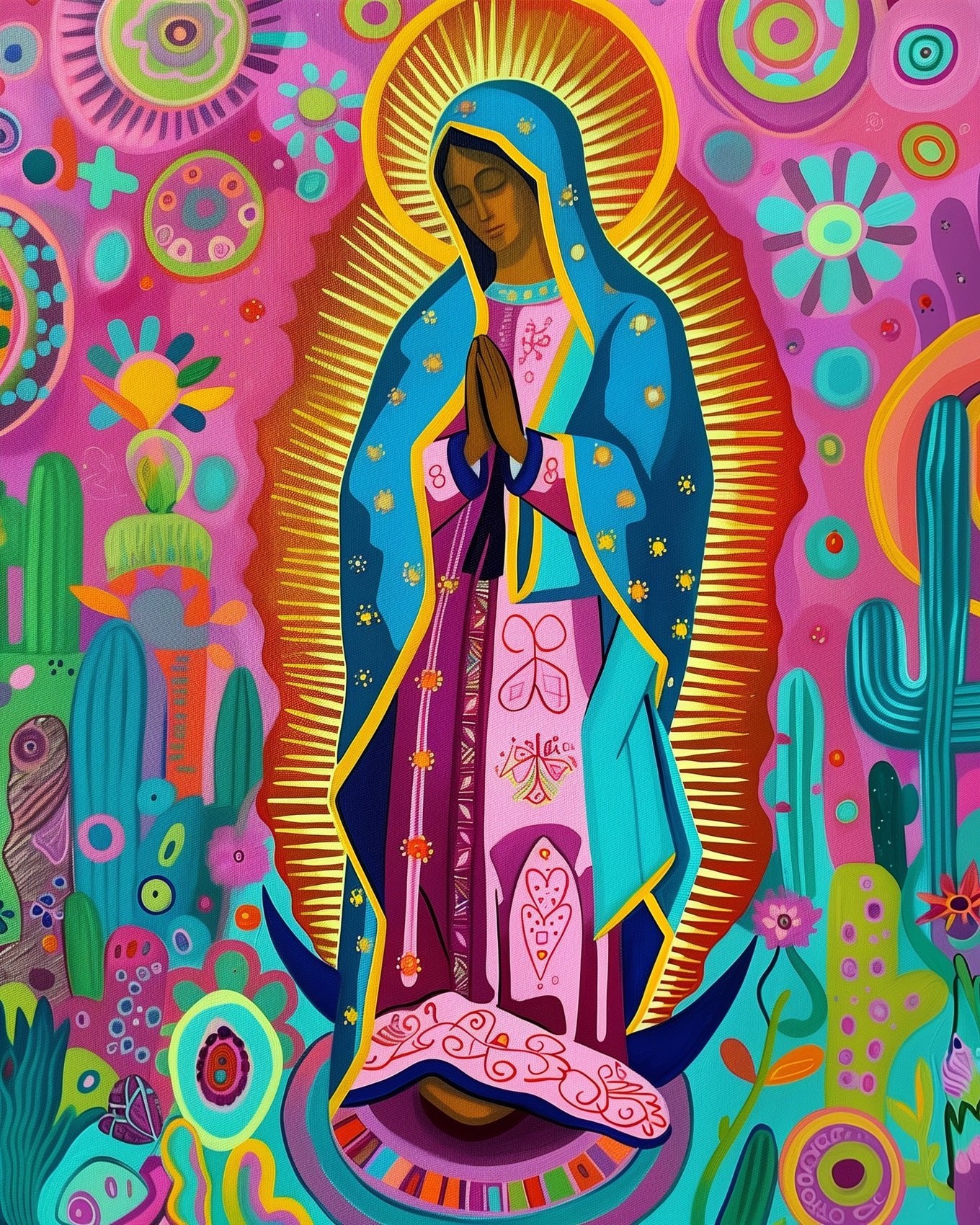 Fixed kit, 24 colors, 12x16in. Sacred art of Virgen de Guadalupe. Relaxation and creative expression in one kit.