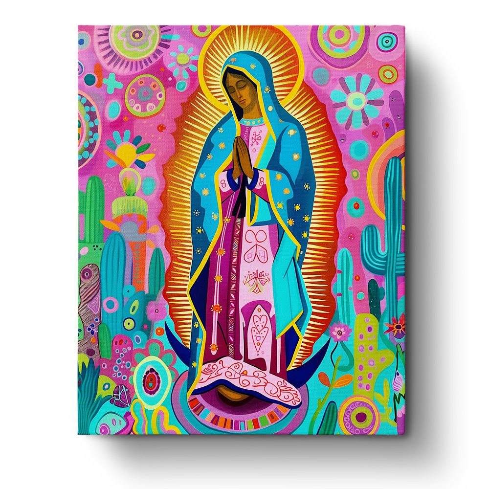 Fixed paint by numbers kit, 24 colors, 16x20in. Virgen de Guadalupe with bold patterns and vibrant hues.