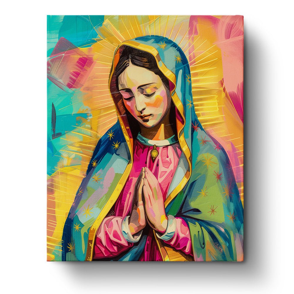 Fixed paint by numbers kit, 24 colors. Virgen de Guadalupe in vibrant hues. Relaxing and meditative craft.