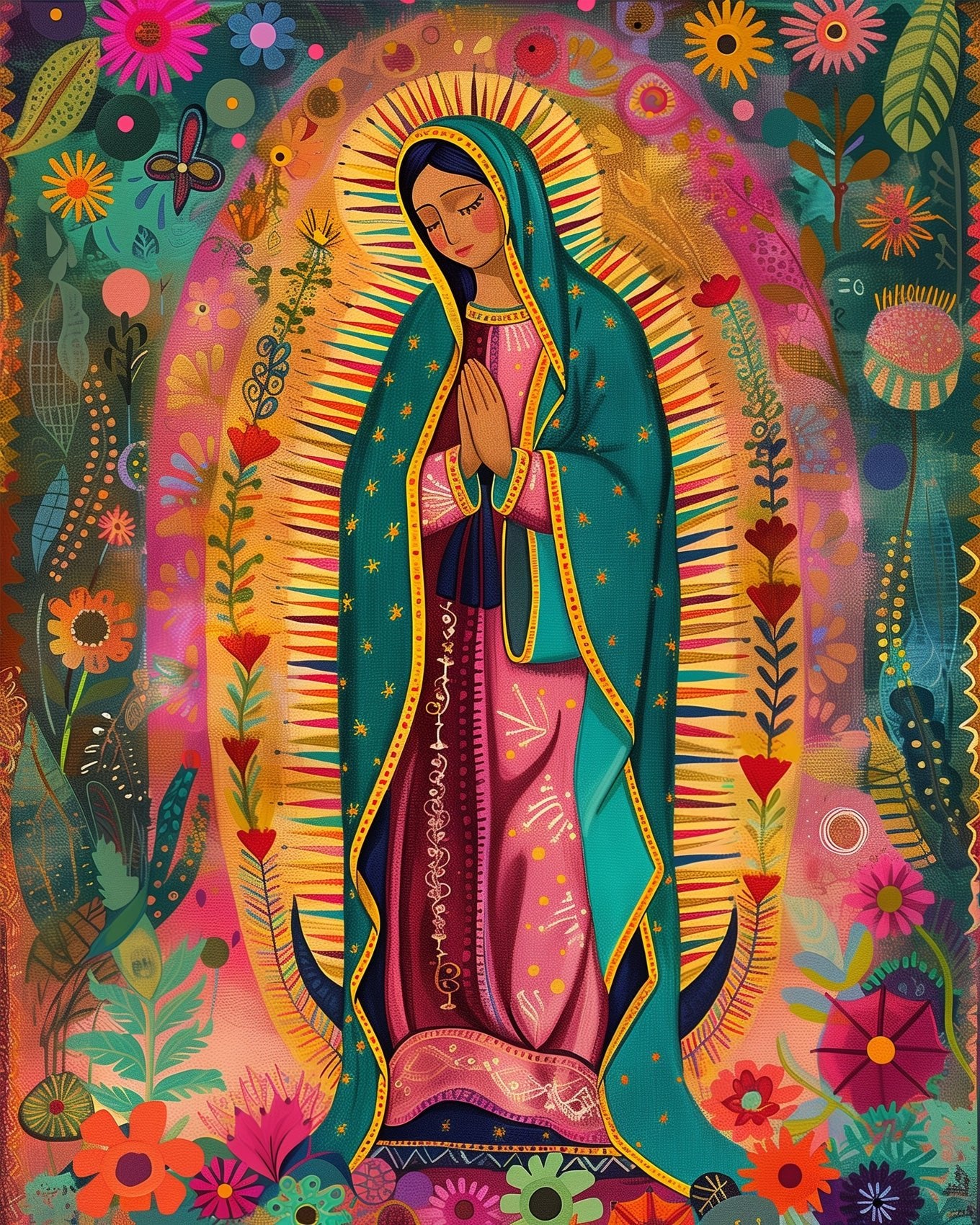 Fixed kit, 24 colors. Colorful Virgen de Guadalupe in bold strokes. A mindful painting experience.