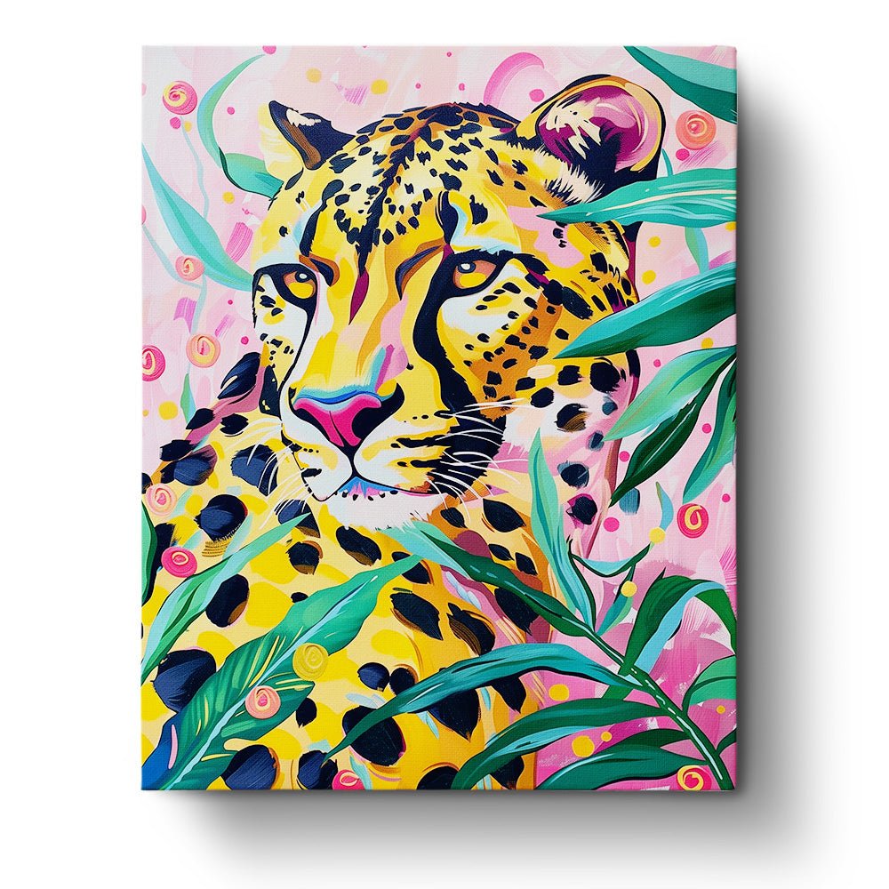 Fixed paint by numbers kit, 24 colors, 16x20in. Vibrant leopard in jungle scene. Stress relief and mindfulness.