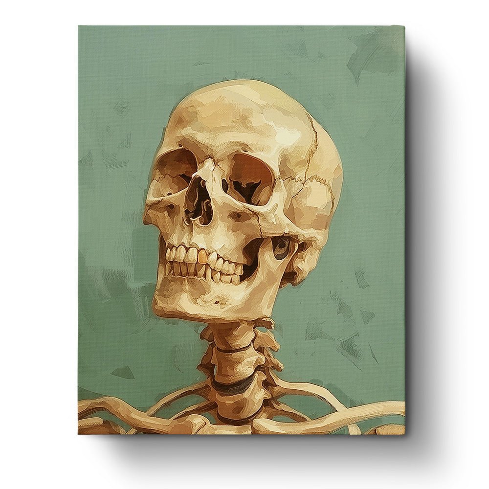 Fixed kit, 24 colors, 16x20in. Bold skull against textured backdrop. Relaxing and meditative activity.