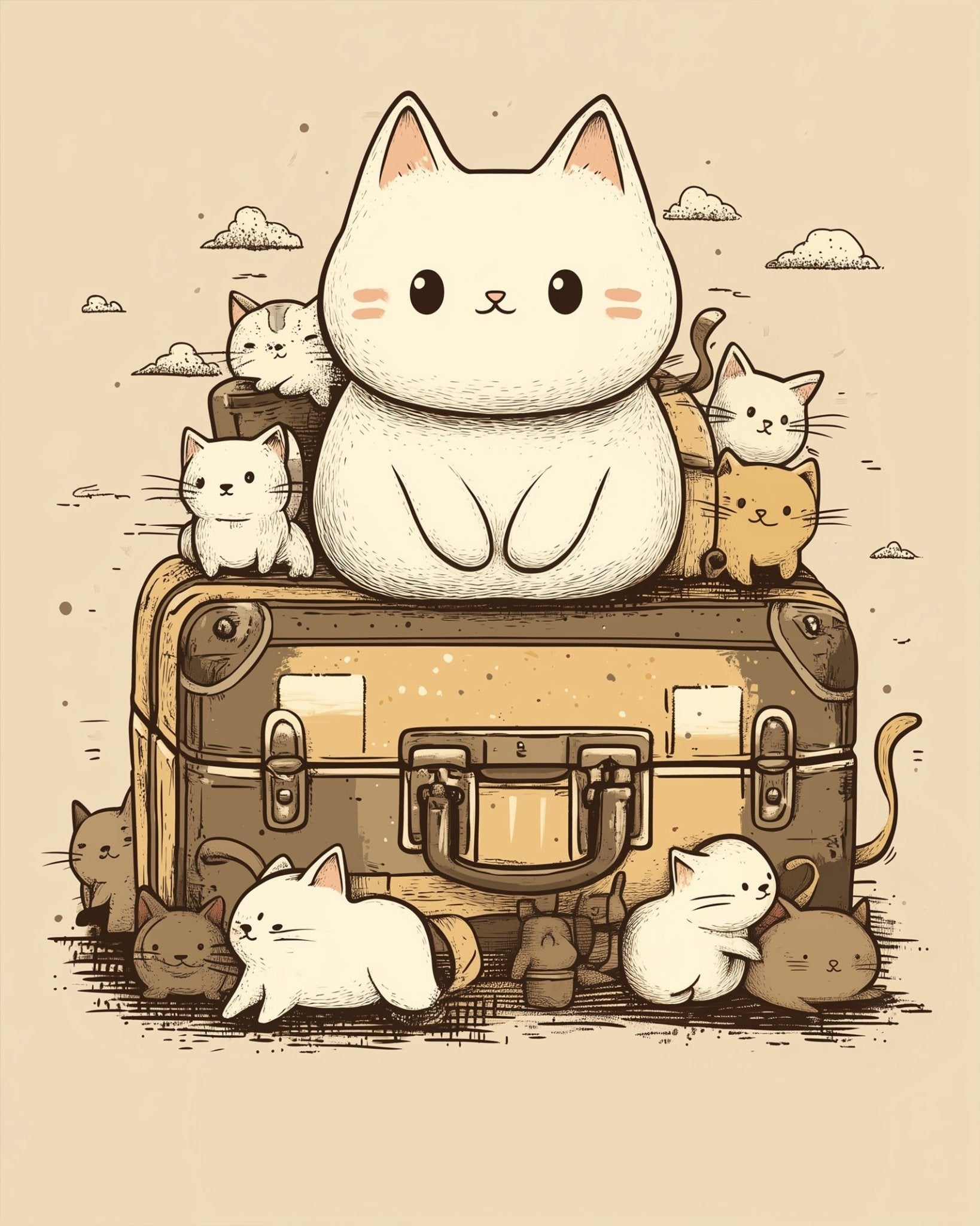 Whimsical Cats on Vintage Suitcase - Asian Art - BestPaintByNumbers - Paint by Numbers Custom Kit