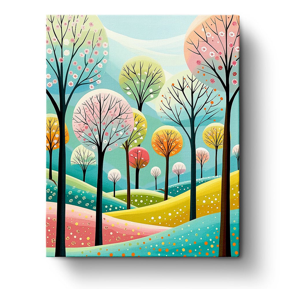 Fixed paint-by-number kit, 24 colors, 16x20in. Vibrant abstract trees in spring. Perfect for stress relief and creativity.
