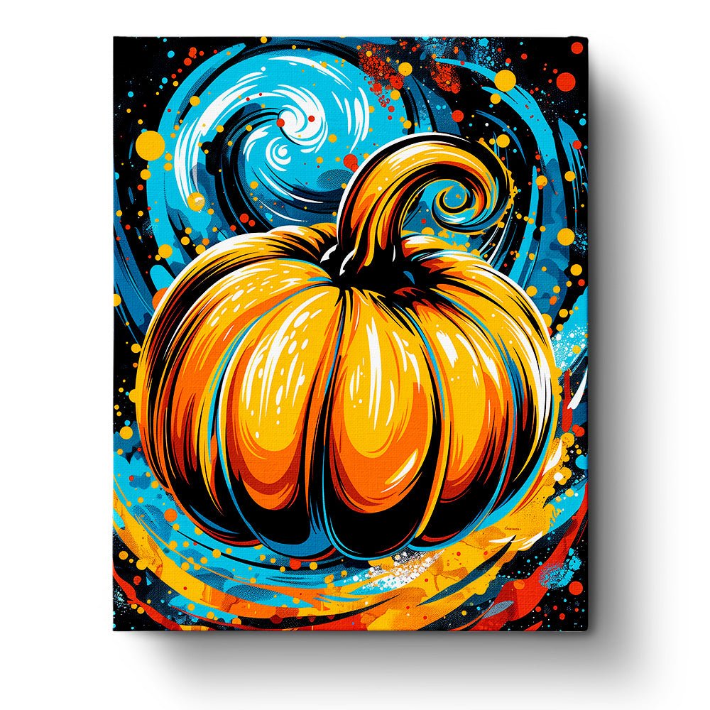Fixed paint by numbers kit, 24 colors. Swirling pumpkin with dynamic patterns for relaxation. BestPaintByNumbers gift idea.