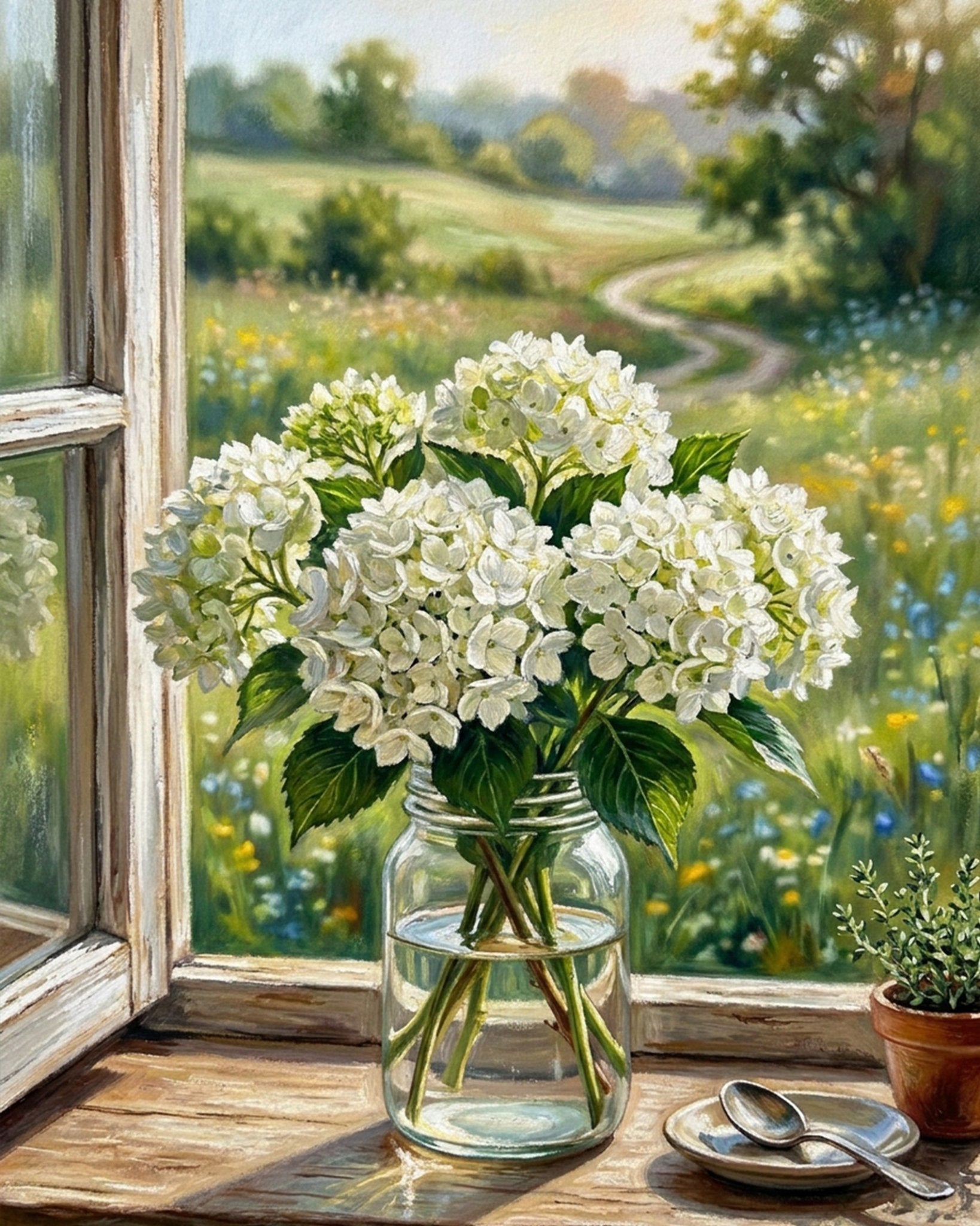 Window Hydrangeas - Flowers - BestPaintByNumbers - Paint by Numbers Custom Kit