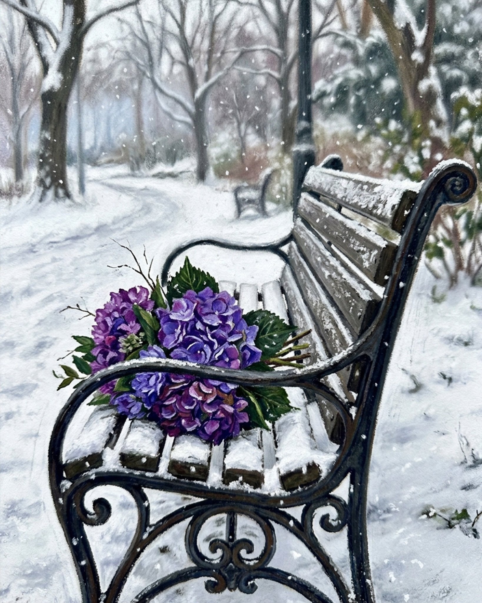 Winter Bench with Purple Bouquet - Flowers - BestPaintByNumbers - Paint by Numbers Custom Kit