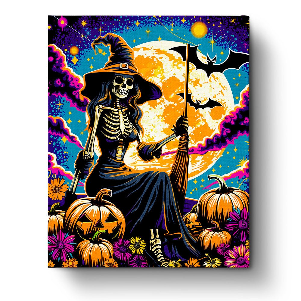 Fixed kit with 24 colors, 16x20in. Witchy skeleton and pumpkins under moonlight. A mindful painting experience.