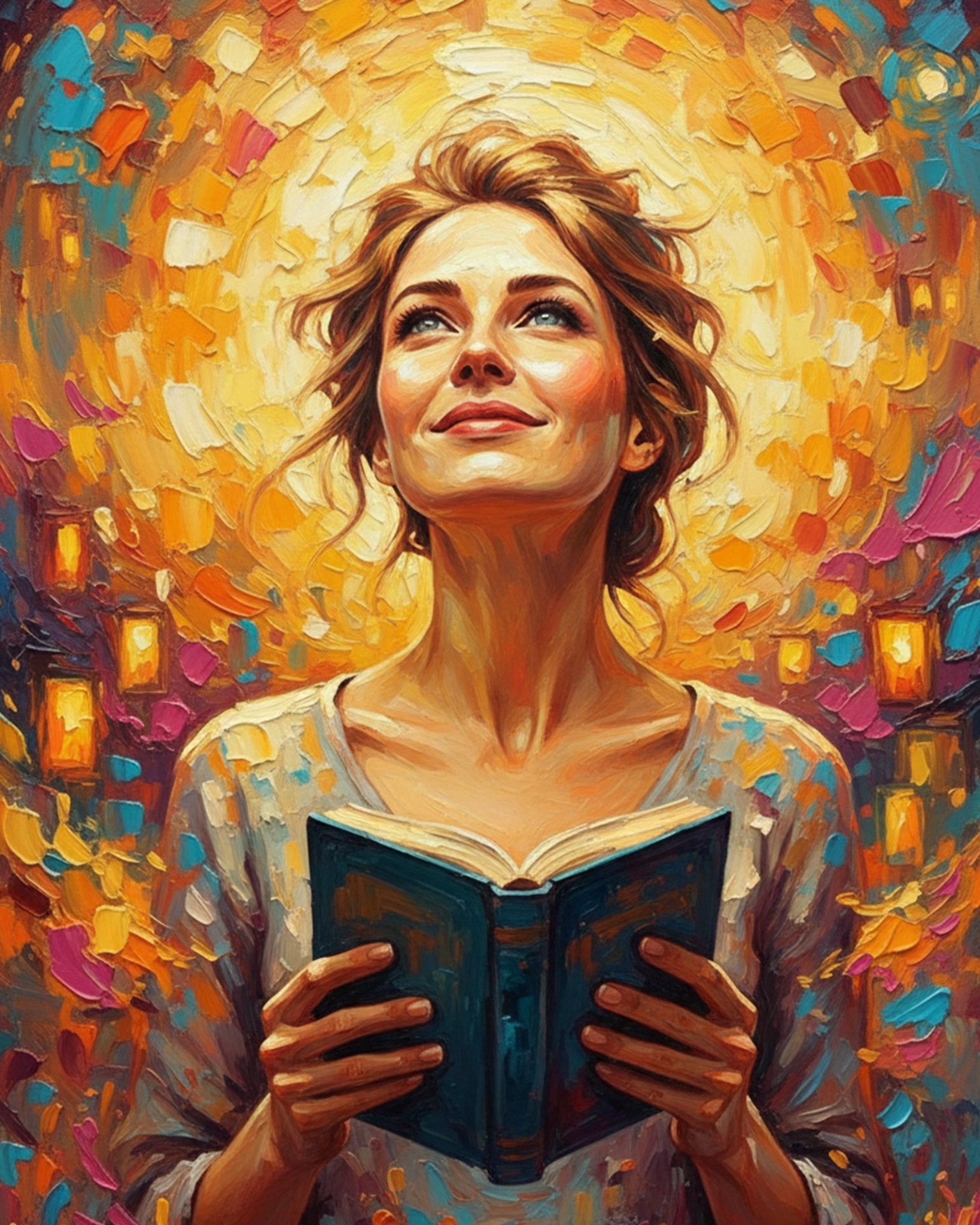 Woman with Book in Glowing Light - PeacefulMoments - BestPaintByNumbers - Paint by Numbers Custom Kit