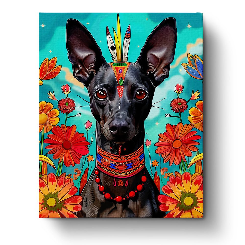 Fixed paint by numbers kit, 24 colors. Xoloitzcuintli portrait with vibrant flowers. Discover relaxation through art.