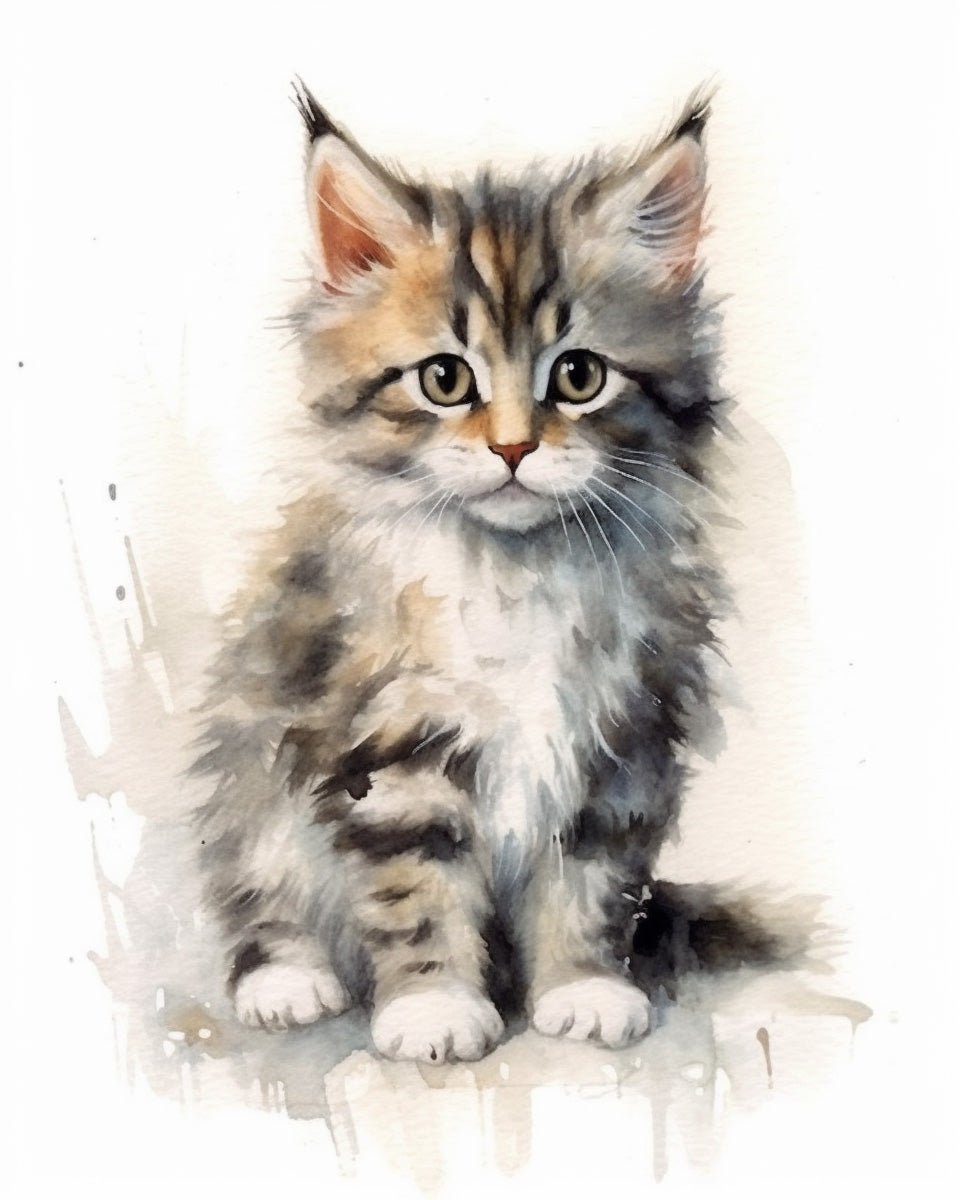 Fixed kit, 24 colors, 12x16in. Adorable cat with fluffy fur. A calming and creative painting activity.