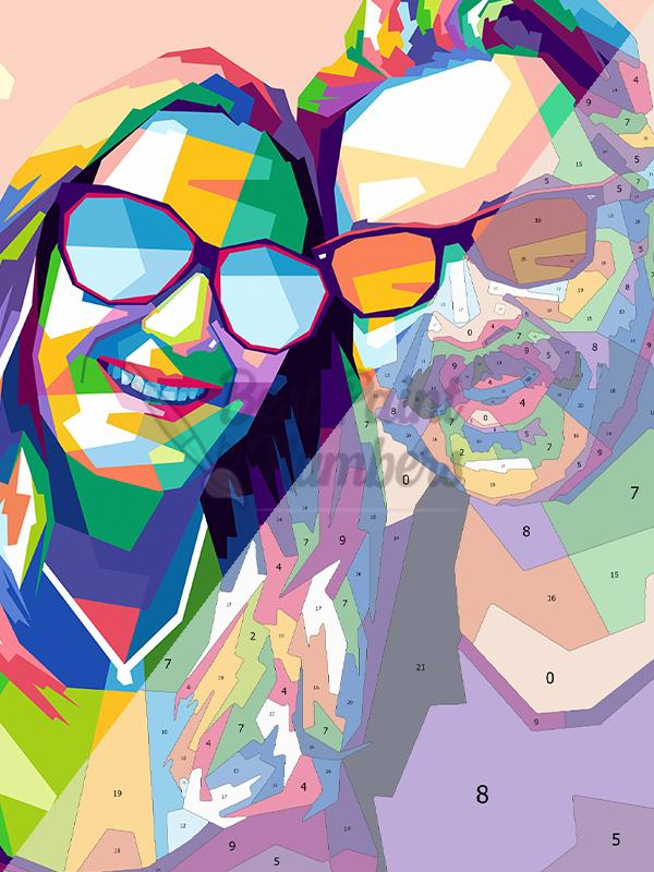 Custom paint-by-number kit, 24-48 colors, 12x16in. Artistic couple portrait in bold colors. Enjoy a mindful painting activity.
