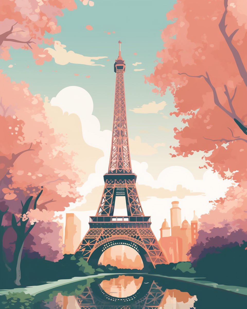 Fixed kit, 24 colors, 16x20in. Pastel Eiffel Tower scene. Ideal for relaxing, stress-free artistic experience.