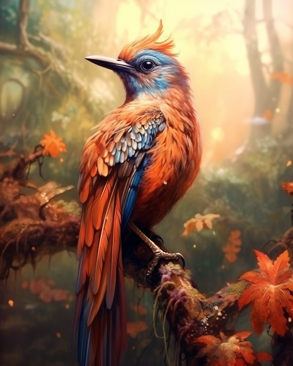 Fixed kit, 24 colors, 12x16in. Bright bird with bold strokes. Offers a calming and creative painting experience.